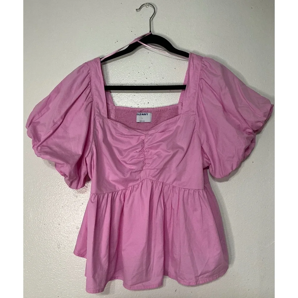 Old Navy Pink Babydoll Smocked Blouse Puff Sleeve Women L Barbiecore Cottagecore